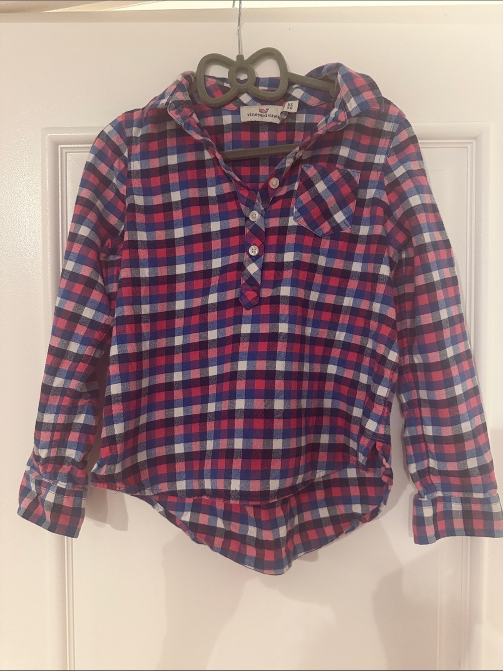 Vineyard Vines Girls Plaid Henley Shirt - Navy, Pink & White